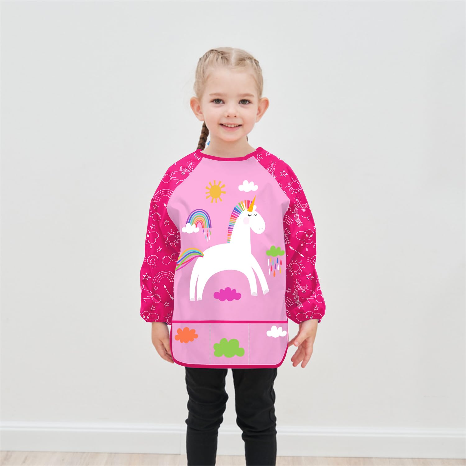 Tablier Peinture Enfant 3-8 ans Licorne Dinosaures Manchon 3 Poches Longueur 58cm