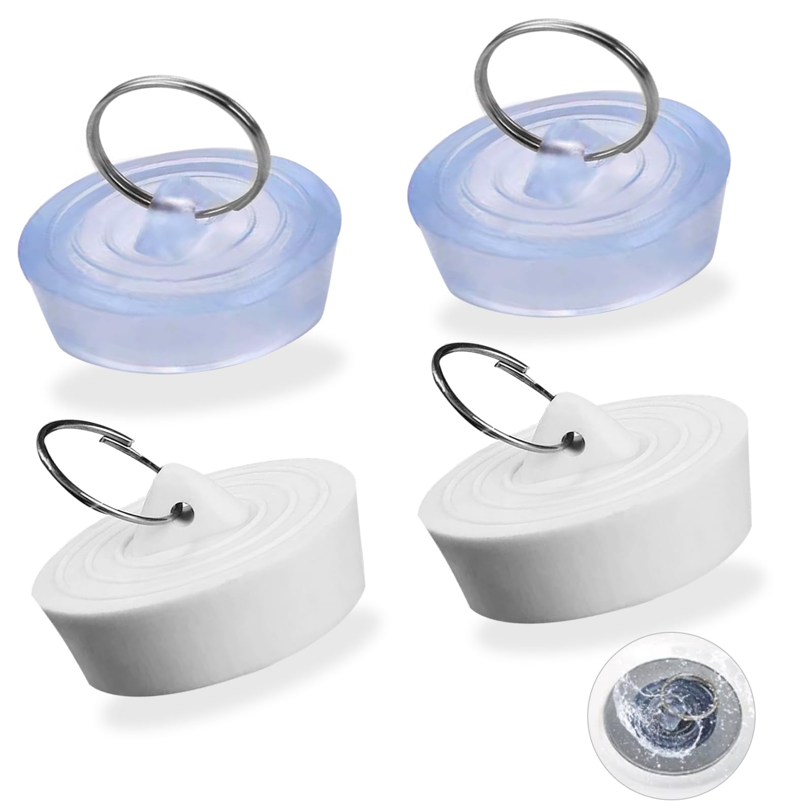 4 tappi di scarico, per lavandino, vasca da bagno, cucina, bagno (bianco, trasparente