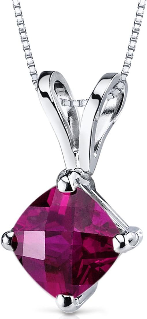 PEORA Solid 14K White Gold Created Ruby Pendant for Women, Classic Solitaire, Cushion Cut, 6mm, 1 Carat total, Valentines Gift for Women, Women Gift Ideas w/Jewelry Box, Sparkling V-Day Gift
