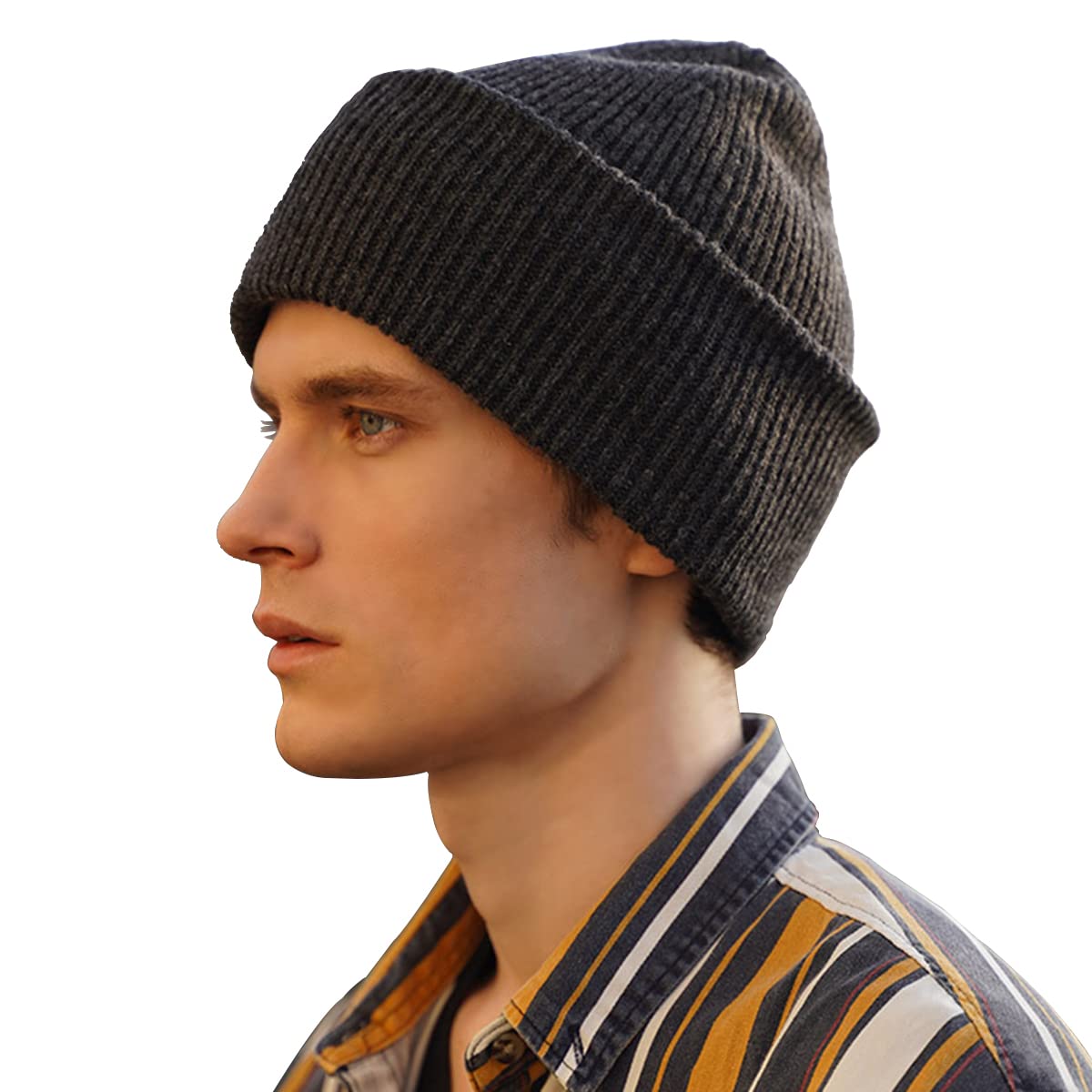 SQCOOLClassic Knit Cuffed Beanie Hats for Men & Women, Unisex Soft 100% Wool knitted Hat, Warm Winter Slouchy Knit Skull Caps for Outdoor Dog walking Ski Snowboard, Stylish Headwear Dark Gray