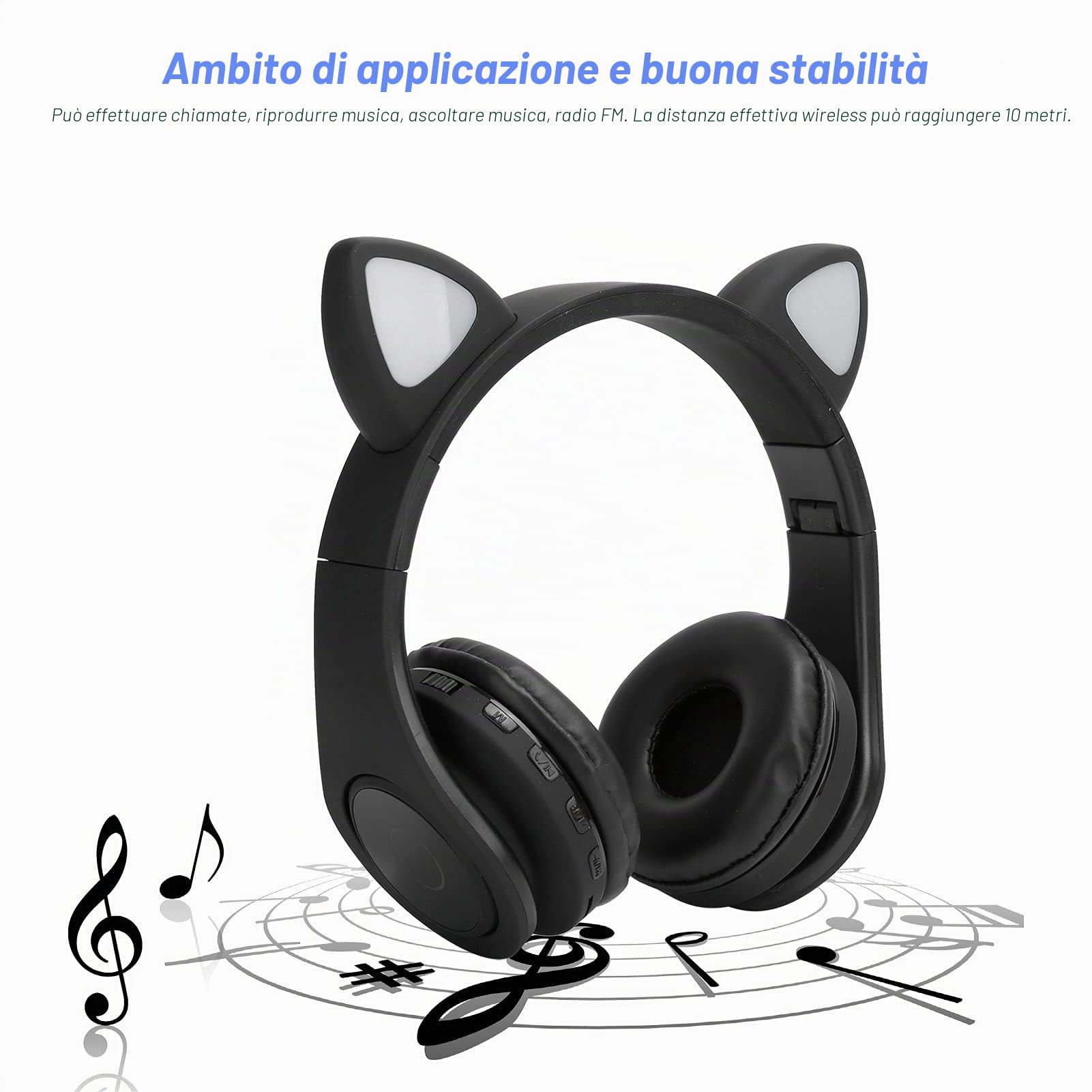 Cuffie Bluetooth per Bambini Cat Ear con Microfono, Cuffie per Bambini Illuminate a LED, Supporto per Scheda TF, Cuffie Pieghevoli per Bambini Sopra L'orecchio per Ragazze Ragazzi Adulti(Nero)