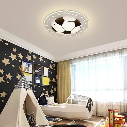Miniatura 5 de KWOKING Iluminación de dibujos animados con patrón de fútbol, luz de techo regulable para dormitorio de niños, luz de techo empotrada, bonita
