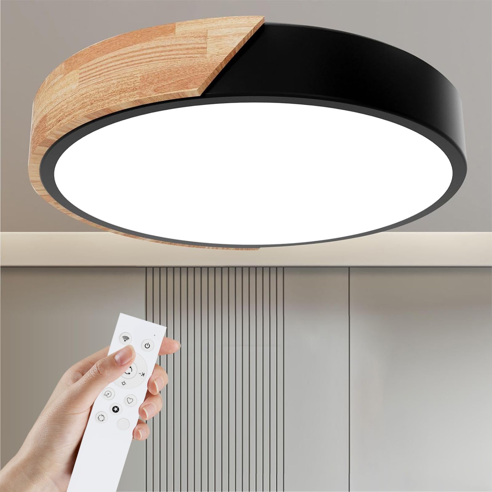 Yexati Ceiling Light Wood,Dimmable Ceiling 3000K-6000K,Remote Controlled Led Ceiling Light,24W Modern Light Fixture for Living Room, Bedroom and Hallway, 30CM，Black