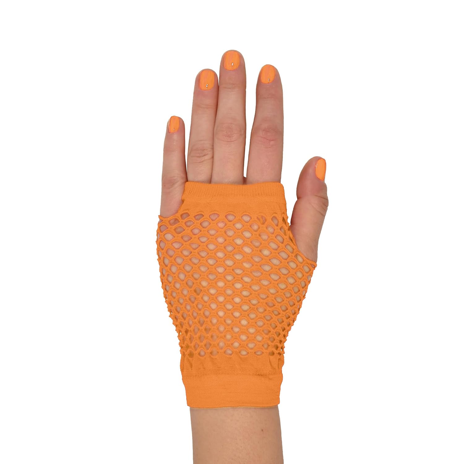 Beistle Orange Short Fishnet Gloves – 2 Pairs, Fingerless Stretch Mesh Costume Accessories with Elastic Wrist Cuffs, Retro 80s Neon Party Wear, Halloween Outfit Accents for Dance Rave Themed Events