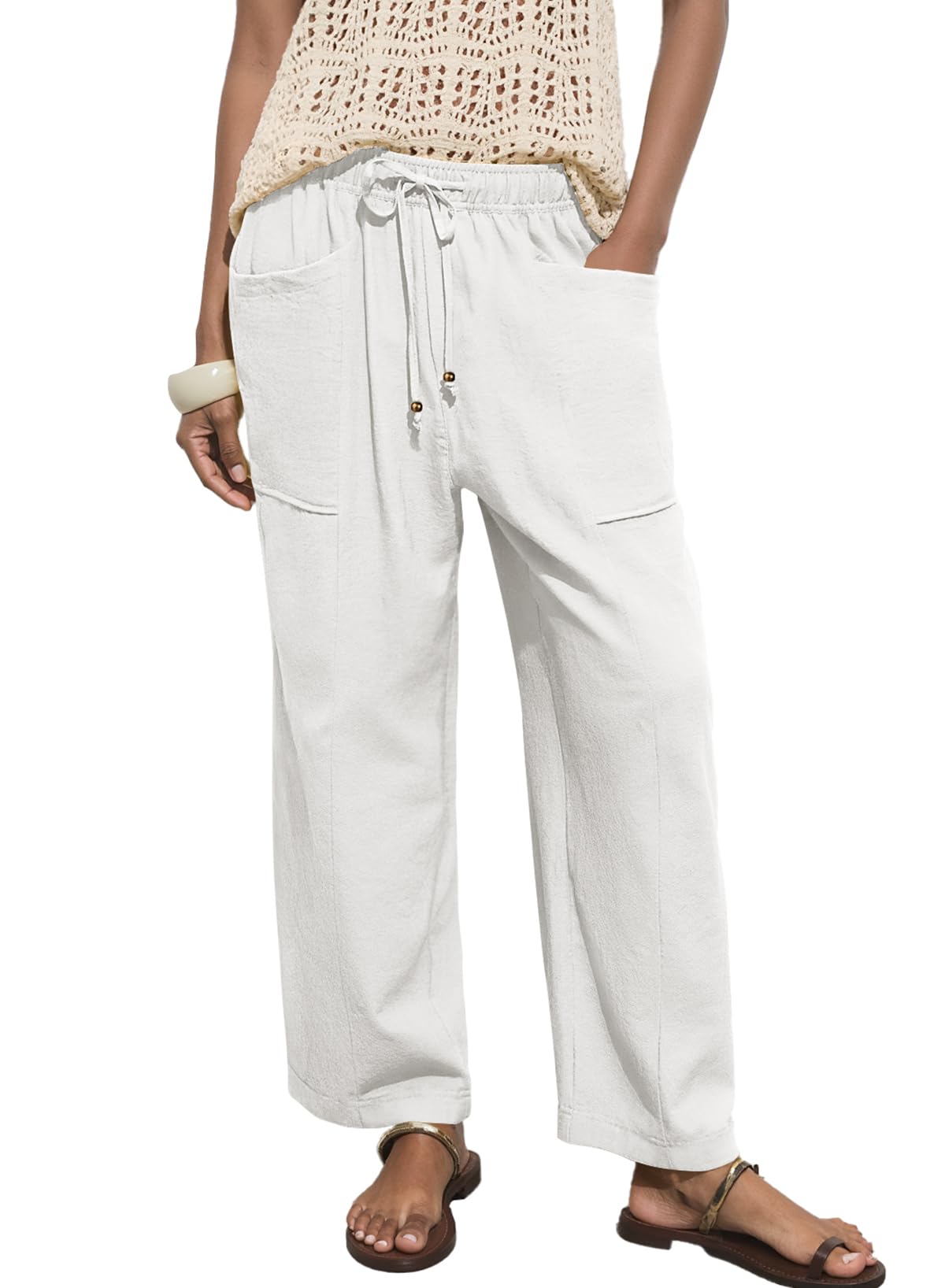 Acelitt Womens Linen Pants Drawstring Elastic Waist Casual Wide Leg Pants Beach Trousers with Pockets