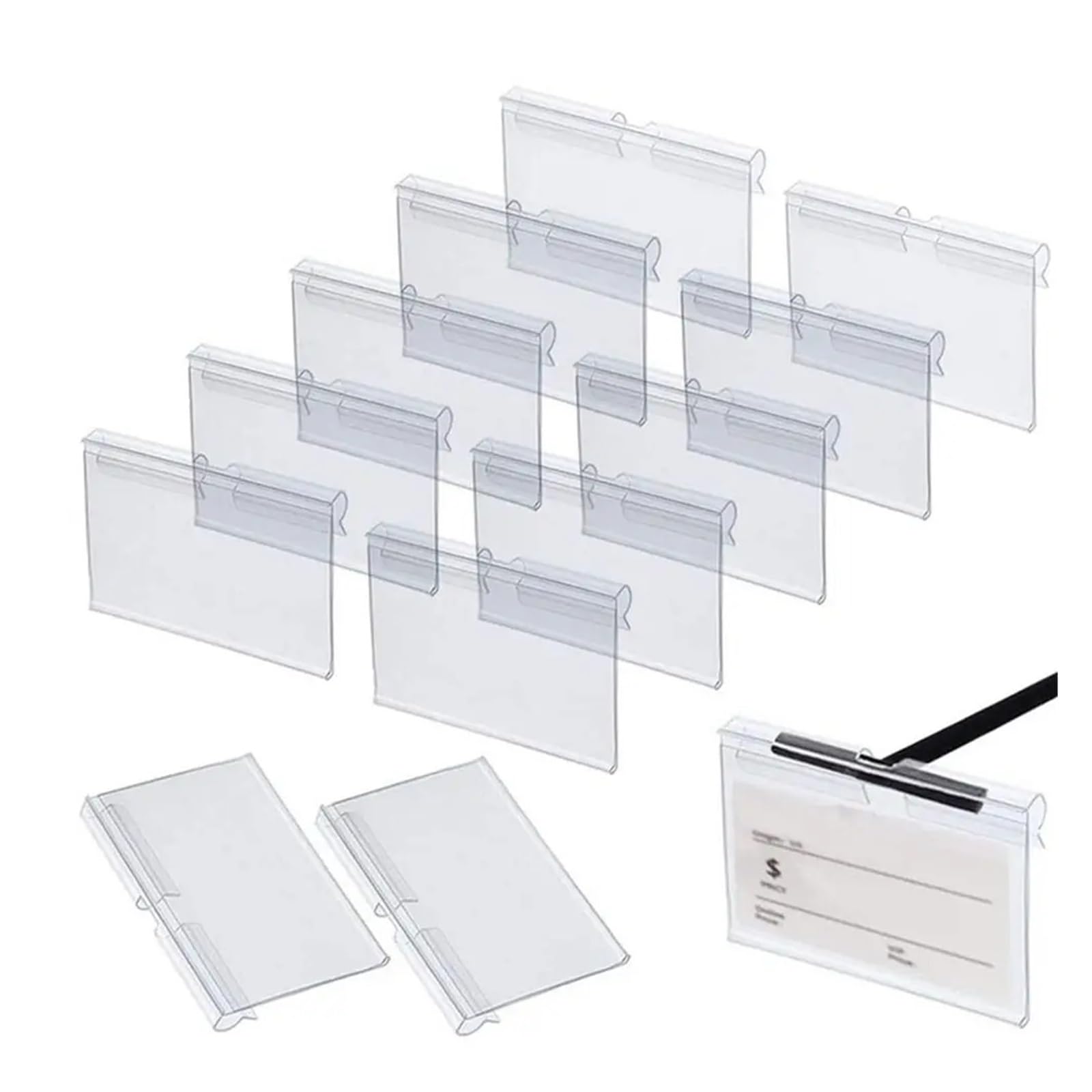 Korbetiketten zum Anklippen, Kunststoff, Doppelzeilenhaken, Beschilderung, Preisschilder, Displayhalter, multifunktional, transparent (50 x 42 mm), 100 Stück