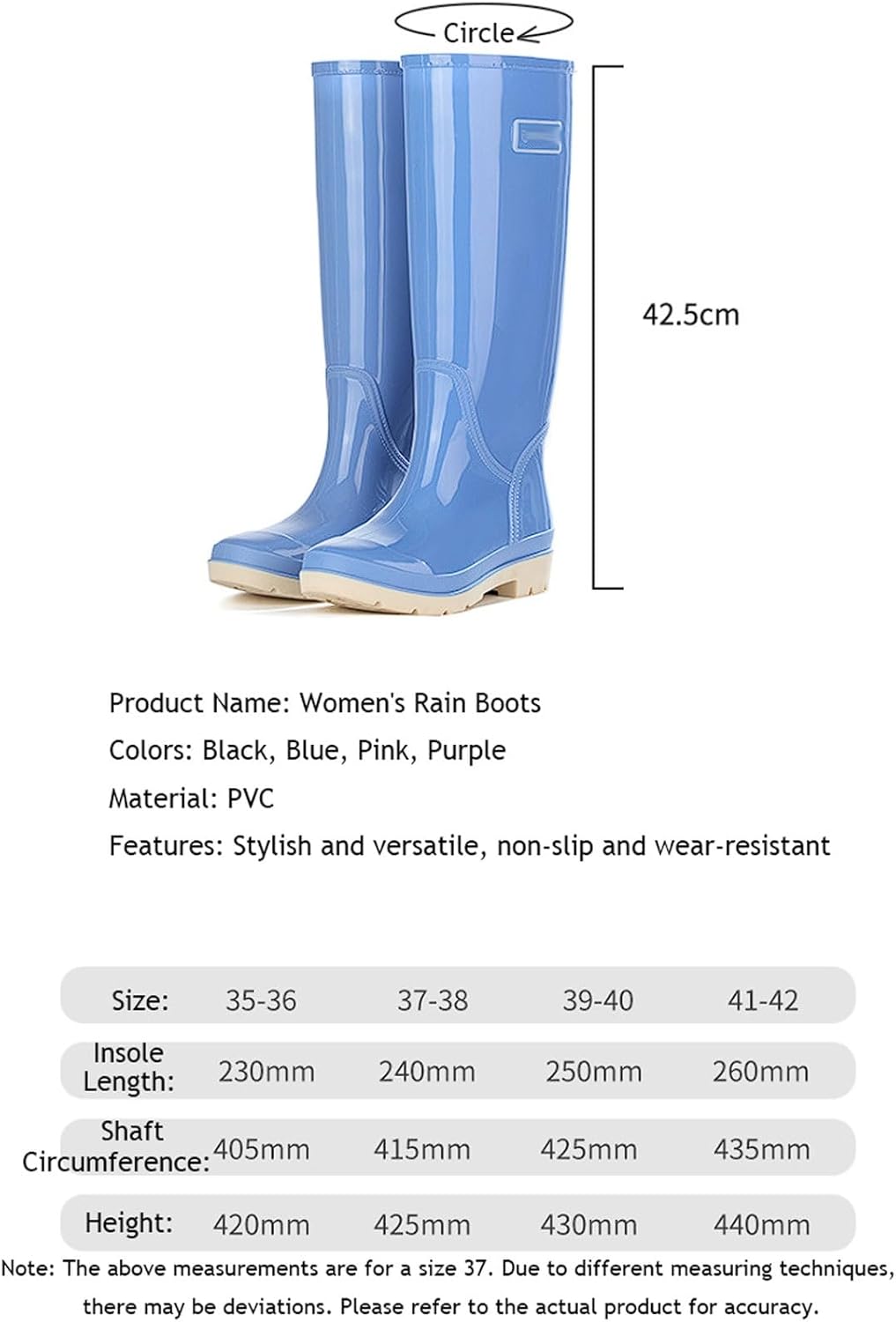 Women's High Top Rain Boots Waterproof Anti-Slip Wading Boots, 42.5cm PVC Garden Boots with Mesh Lining, Tire Tread Sole Water shoes(PURPLE 1,7)