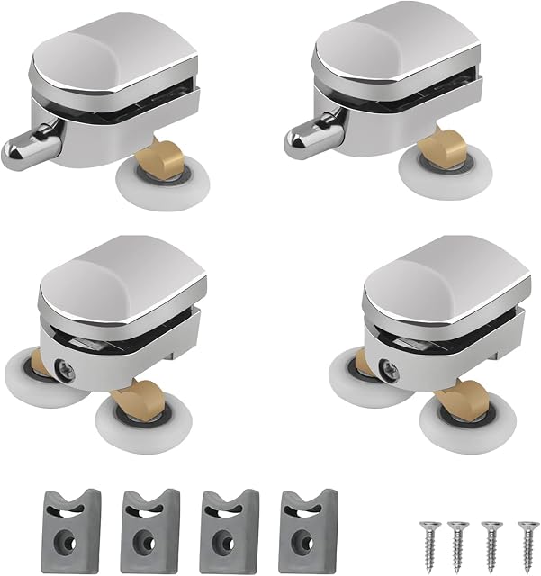 4 Pcs Shower Door Rollers, 23mm Sliding Shower Door Twin Rollers Runners Wheels Rollers Chrome Plated Door Roller Fits Glass 4-6mm for Shower Curved Doors & Stair Bathroom(2 Top & 2 Bottom)