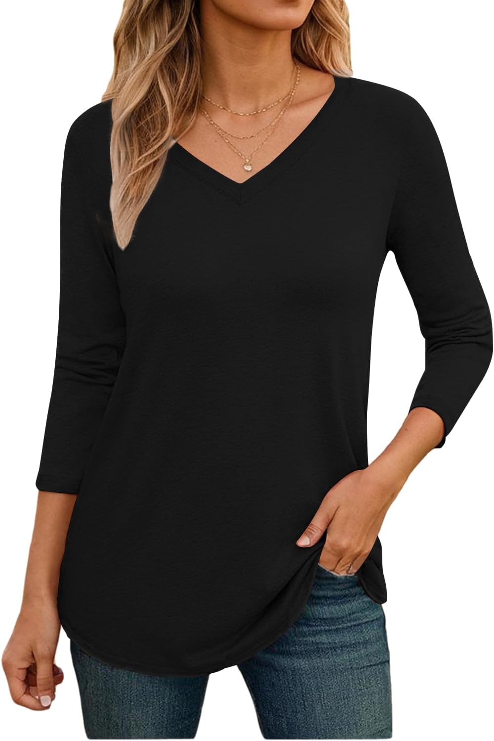 3/4 Length Sleeve Womens Tops Casual, V Neck Quarter Sleeve Tops for Women Loose Fit Basic Tops Blouses