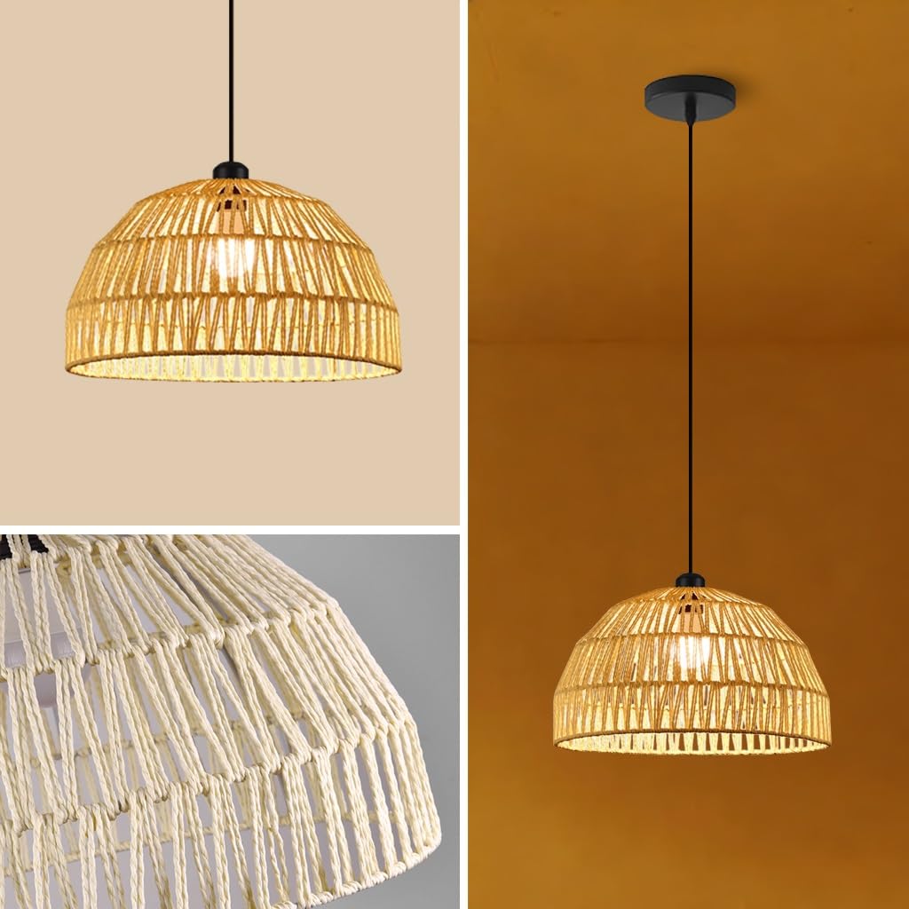 Lampadario E27 Bohemian Lampada A Sospensione In Vimini Intreccio Artigianale Lamp Vintage In Stile Rustico Adatta Per Illuminazione Camera Da Letto Sala Da Pranzo Isola Cucina Soggiorno(30CM)