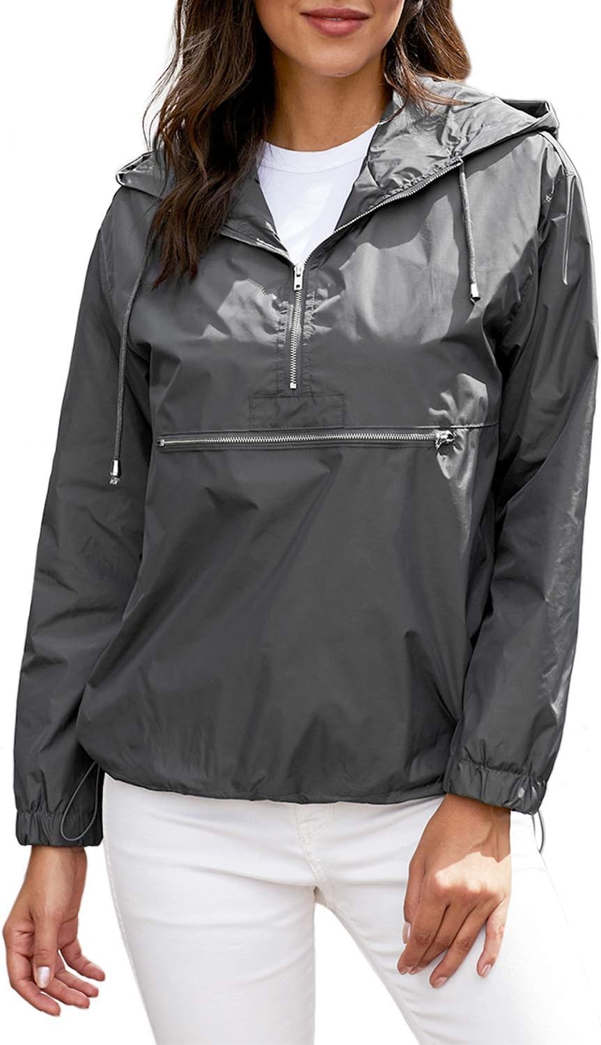 Bdcoco Women's Casual Zip Up Hooded Lightweight Outdoor Waterproof Windbreaker Jacket Gray