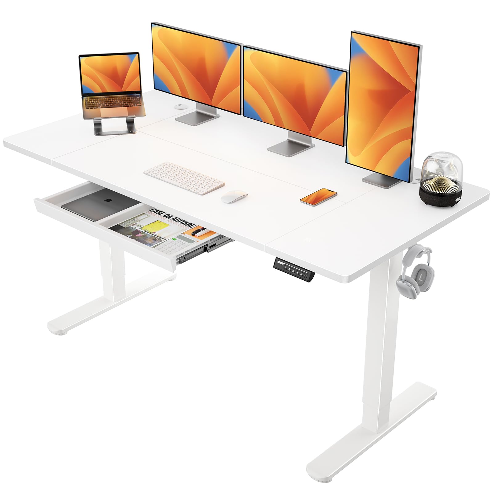 ErGear Mesa Escritorio Elevable 160 x 80 cm, Escritorio Elevable con 4 Memorias Inteligentes & Cajones, Diseño en T para Mayor Estabilidad, Tablero de Mesa con Ensamblaje, Marco y Superficie Blancos