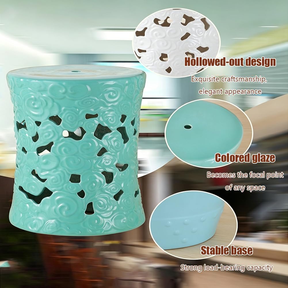 Decorative Garden Stool,Ceramic Indoor/Outdoor Drum Side Table,Hollow Glazed Ceramic Garden Stool,Solid Color Hallway Changing Stools for Living Room Patio,A Green