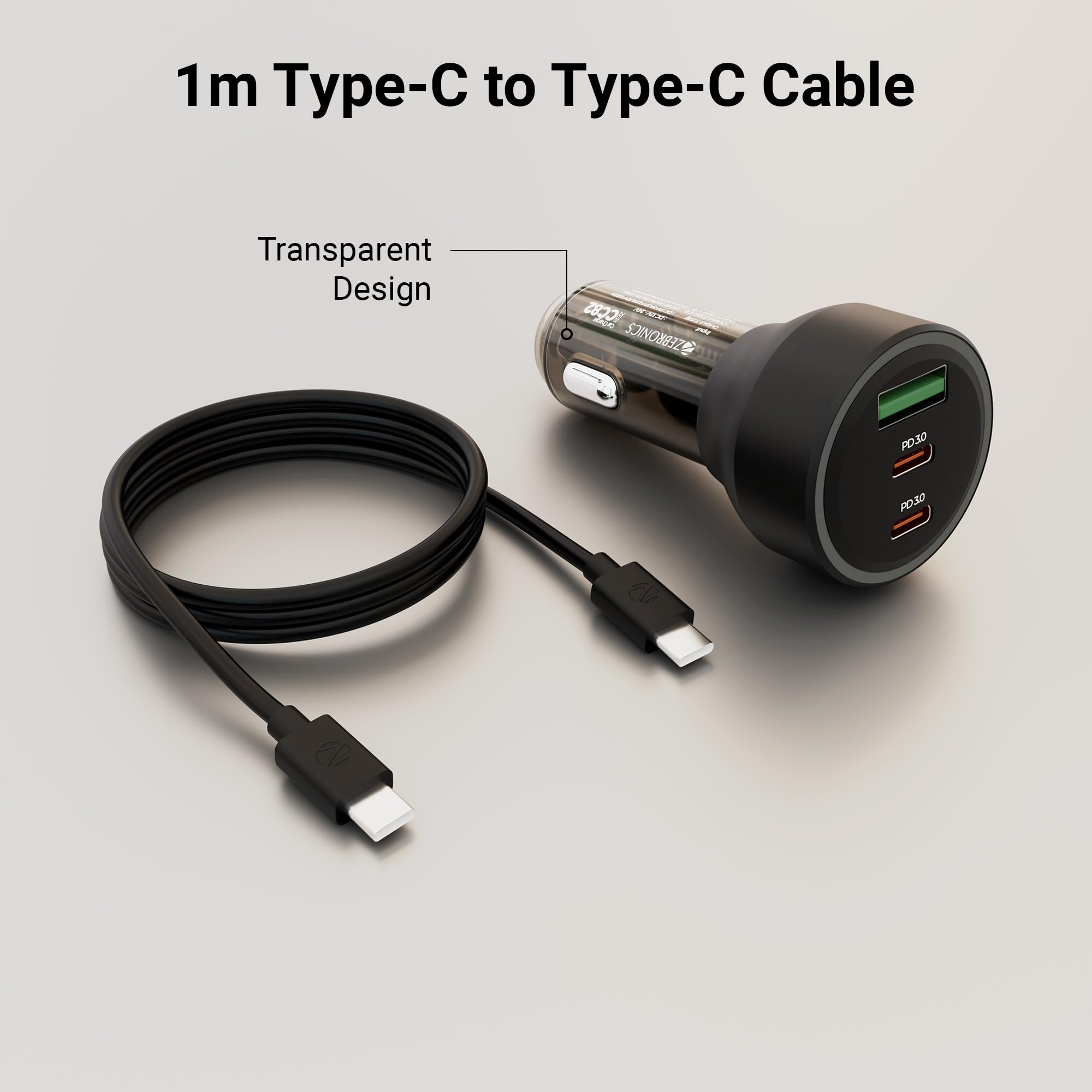 Zebronics 82W Car Charger, Dual Type-C & USB Output, Rapid Charging, Type-C to Type-C Cable 1m, LED Indicator, Multi Protection, Transparent Design (CC82) — Amazon image 5