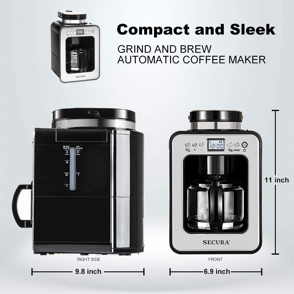 Secura Automatic Coffee Maker with Grinder, Programmable Grind and Brew