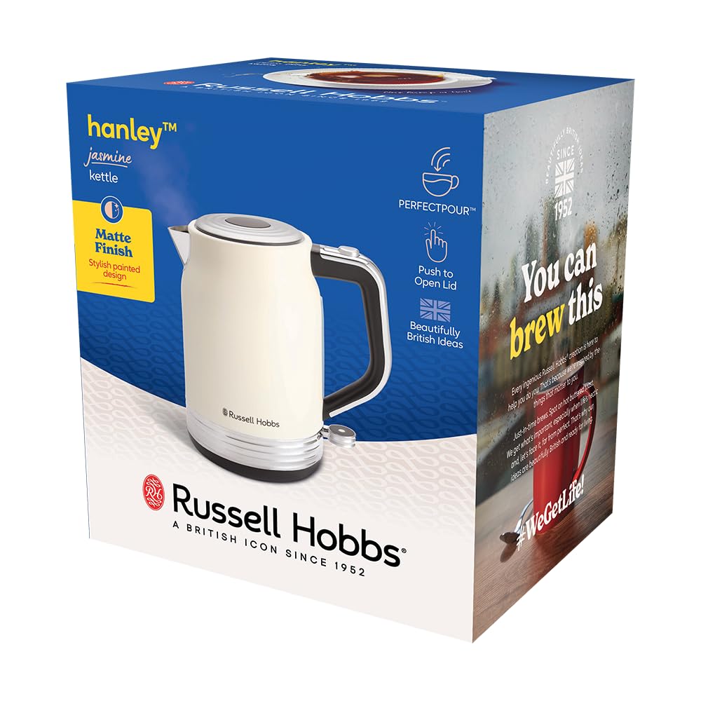 Russell Hobbs Wasserkocher [1,7L, 2400W] Hanley Retro Jasmine (Edelstahl, Vintage Design, Perfect Pour Ausgusstülle, Wasserstandsanzeige, 360° Sockel, Kabelaufbewahrung, energieeffizient) 28640-70