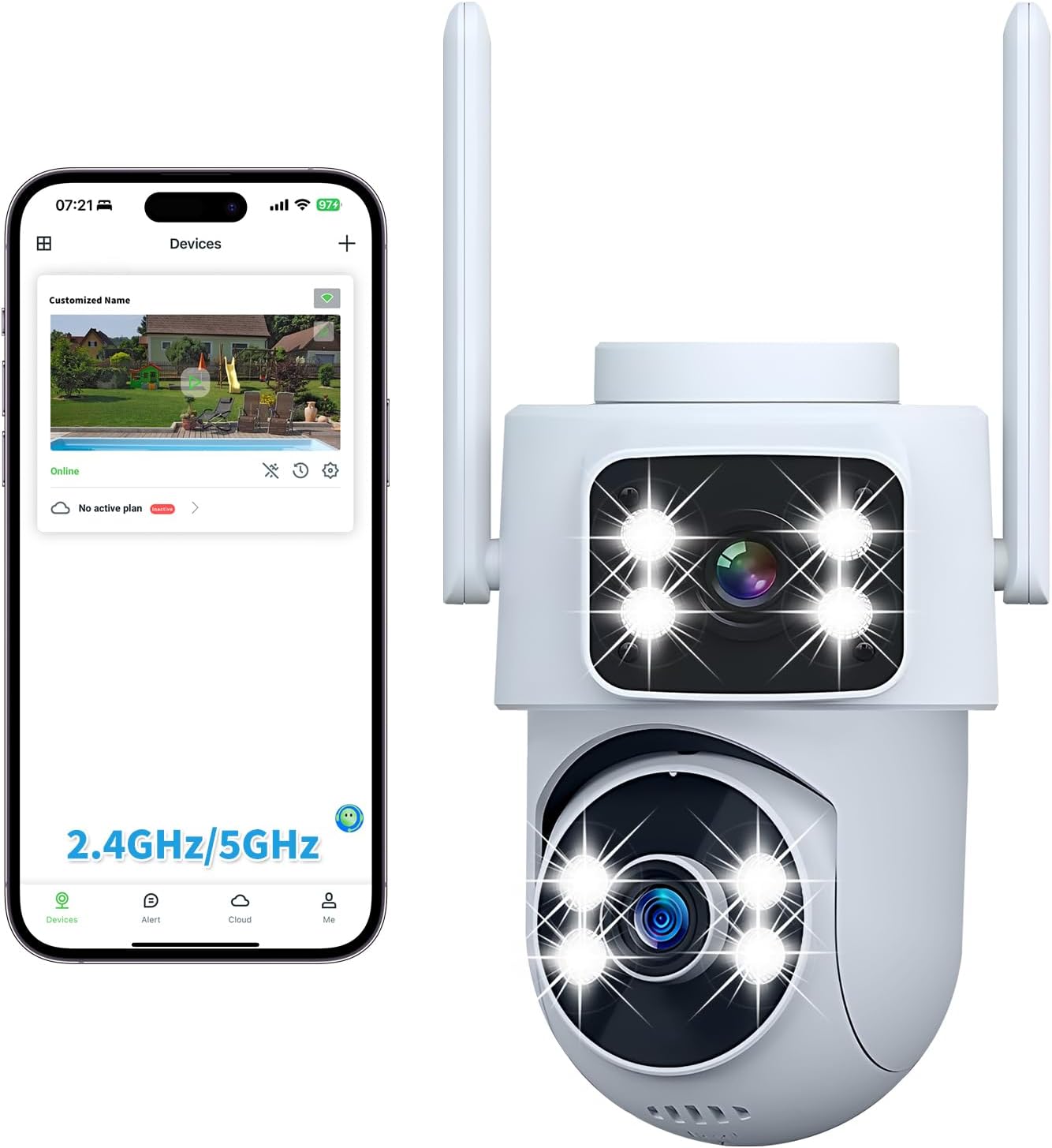 Dual Lens 2K Outdoor Security Camera, 360° Pan & 90° Tilt PTZ, 5GHz/2.4G WiFi with Bluetooth Setup, AI Detection & Auto Tracking, Color Night Vision, 24/7 Recording to 128GB microSD(SD Not Included)