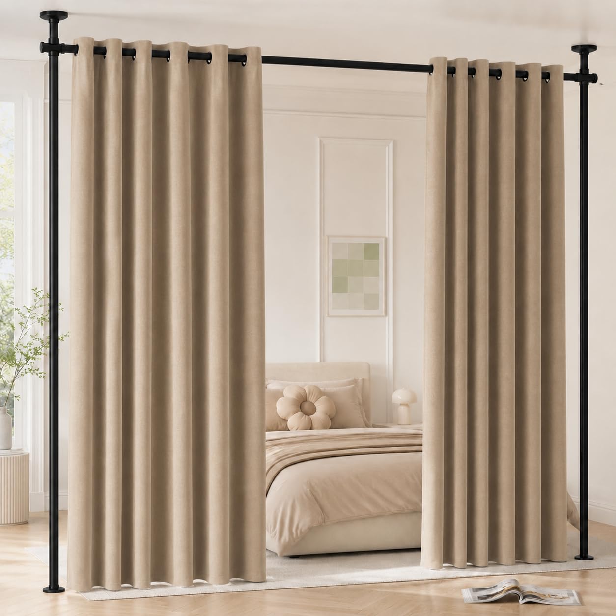 separè per interni, Regolabile asta per tende da pavimento, Separe Divisorio Interno, 122-305 cm * 71-180 cm, Bastoni per tende divisori senza tenda, per soggiorno e camera da letto - nero