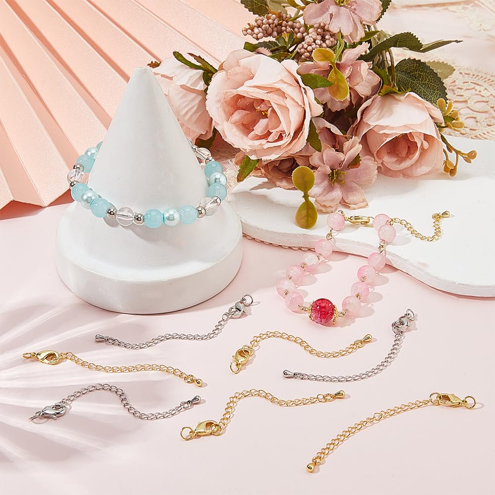 Beebeecraft 2 Colore 20 Pezzi Chiusure A Moschettone con Catena di Estensione 24K Oro e Platino Placcato Chiusura A Moschettone Catena Estensione Gioielli Set per Collane Braccialetti Creazione di
