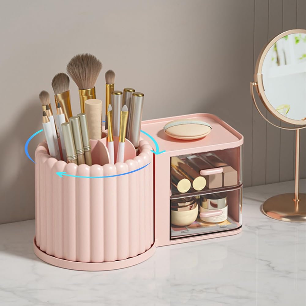 STORICANS Makeup Organizer Countertop,360 Rotating Makeup Brush Holder With 2 Drawers,Small Preppy Organizer |9.25x5.11inch|Pink
