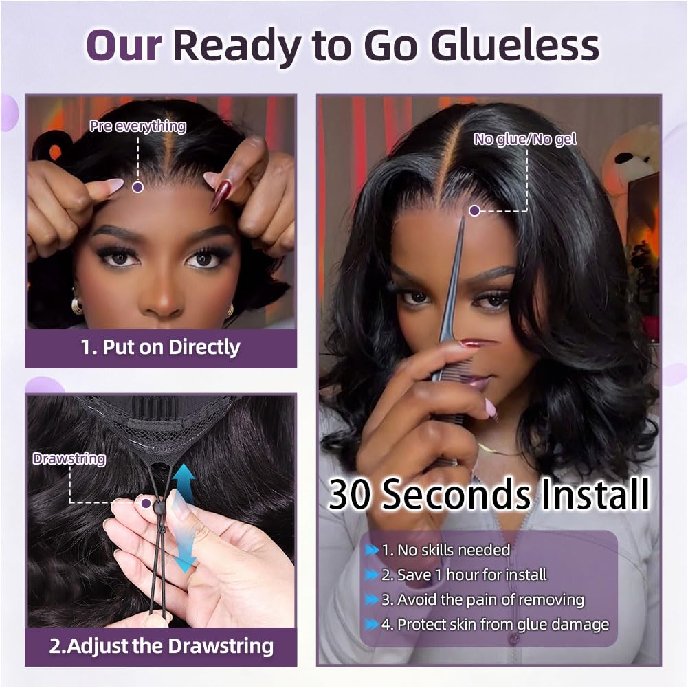 Drawstring 5x5 HD Lace Front Closure Body Wave Bob Wig Human Hair 14 Inch 1B Black