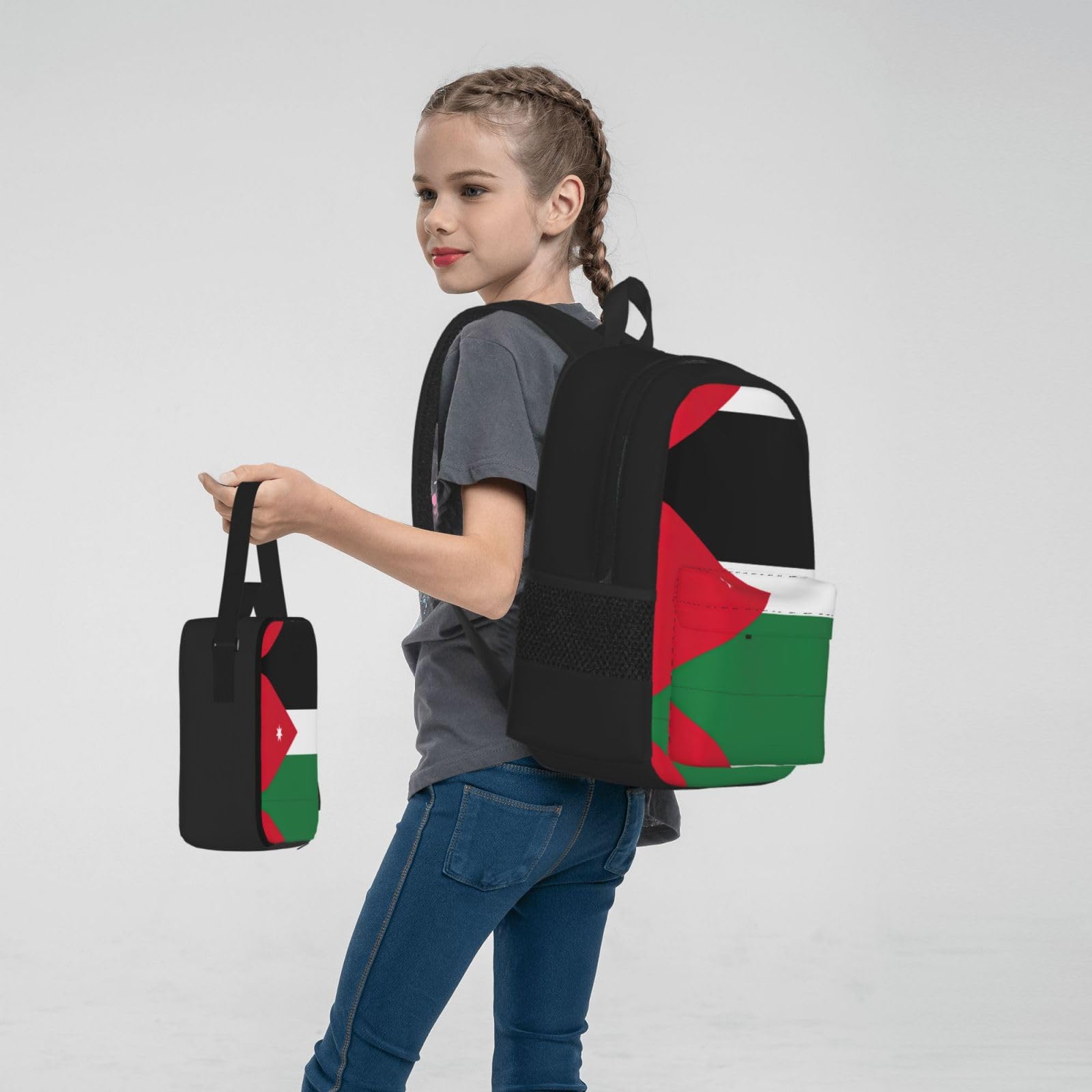 Plecak z flagą Jordanii dziecko chłopcy dziewczęta pudełko na lunch szkoła torba na książki zestaw uczniów szkół średnich student prezent, Czarny, One Size, Bagaż