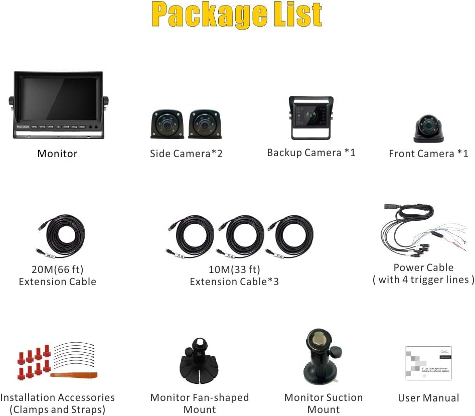 Authentic Crazy Deals VECLESUS VMQ Backup Camera Kit, 7 Quad Split LCD Monitor, Waterproof Night Vision 1 Rear Camera +1 Front/ Doorway Camera+2 Side Cameras, for Truck, Harvester, RV, Camper, Bus, Motorhome and Trailers