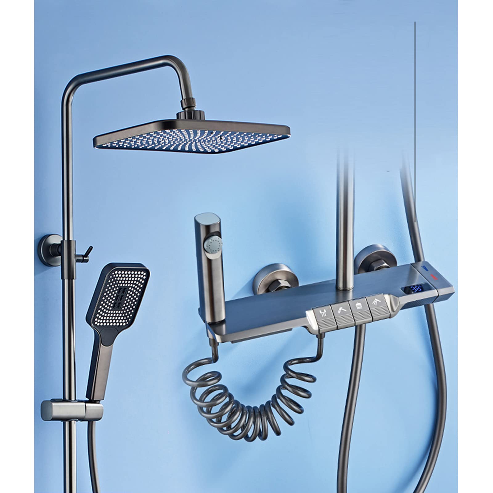 ZYCHSJXA Shower Faucet Set Piano Key Gun Gray Digital Display Fixture Bathroom with Rain and Handheld Brass Waterfall Bathtub Spray