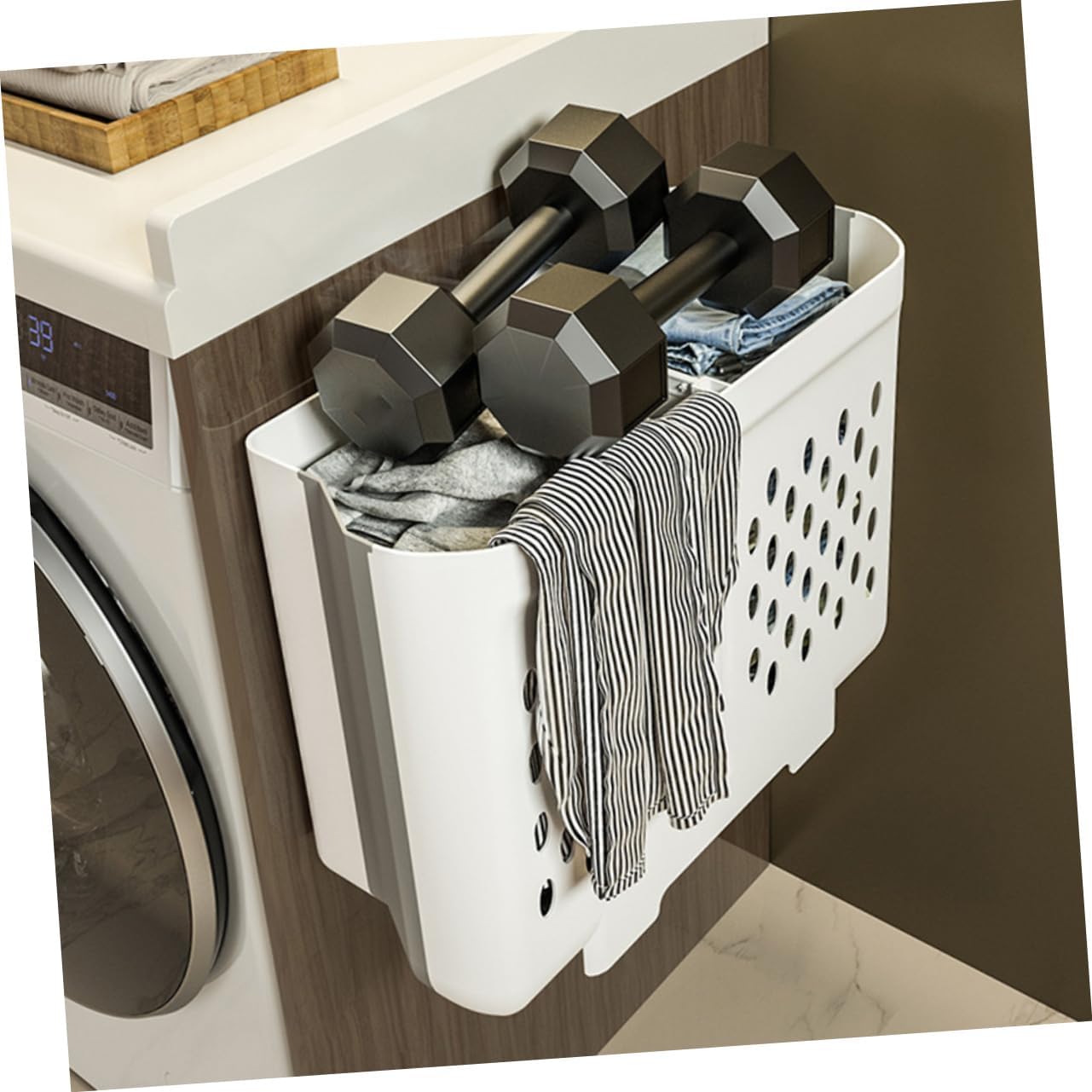 Garneck Foldable Wall Mount Laundry Basket Large Double Compartment Dirty Clothes Organizer with Strong Load Capacity for Bathroom and Spaces Storage
