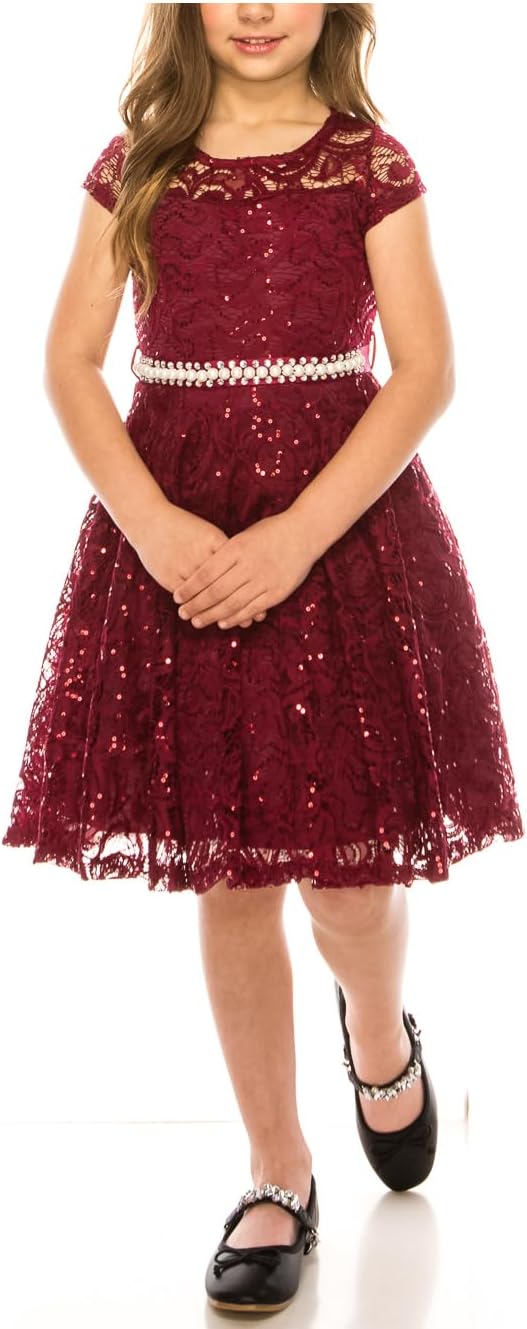 iGirlDress Cap Sleeve Floral Lace Glitter Pearl Holiday Party Flower Girl Dress Size4-14