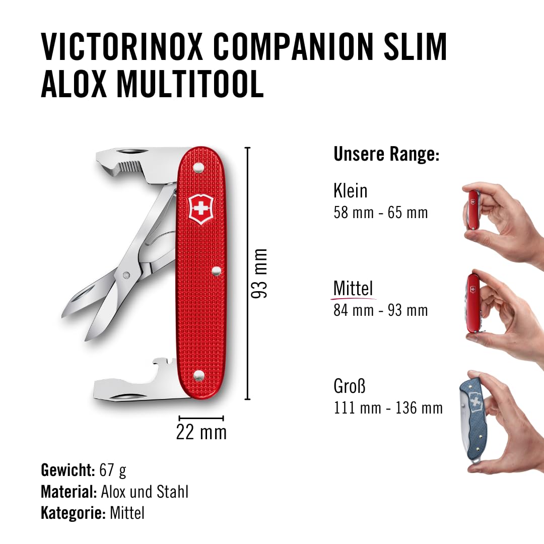 Victorinox Taschenwerkzeug Companion Slim Alox, Multitool, 6 Funktionen, Inkl. Schere, Paketöffner, Schraubendreher, Swiss Made, Rot
