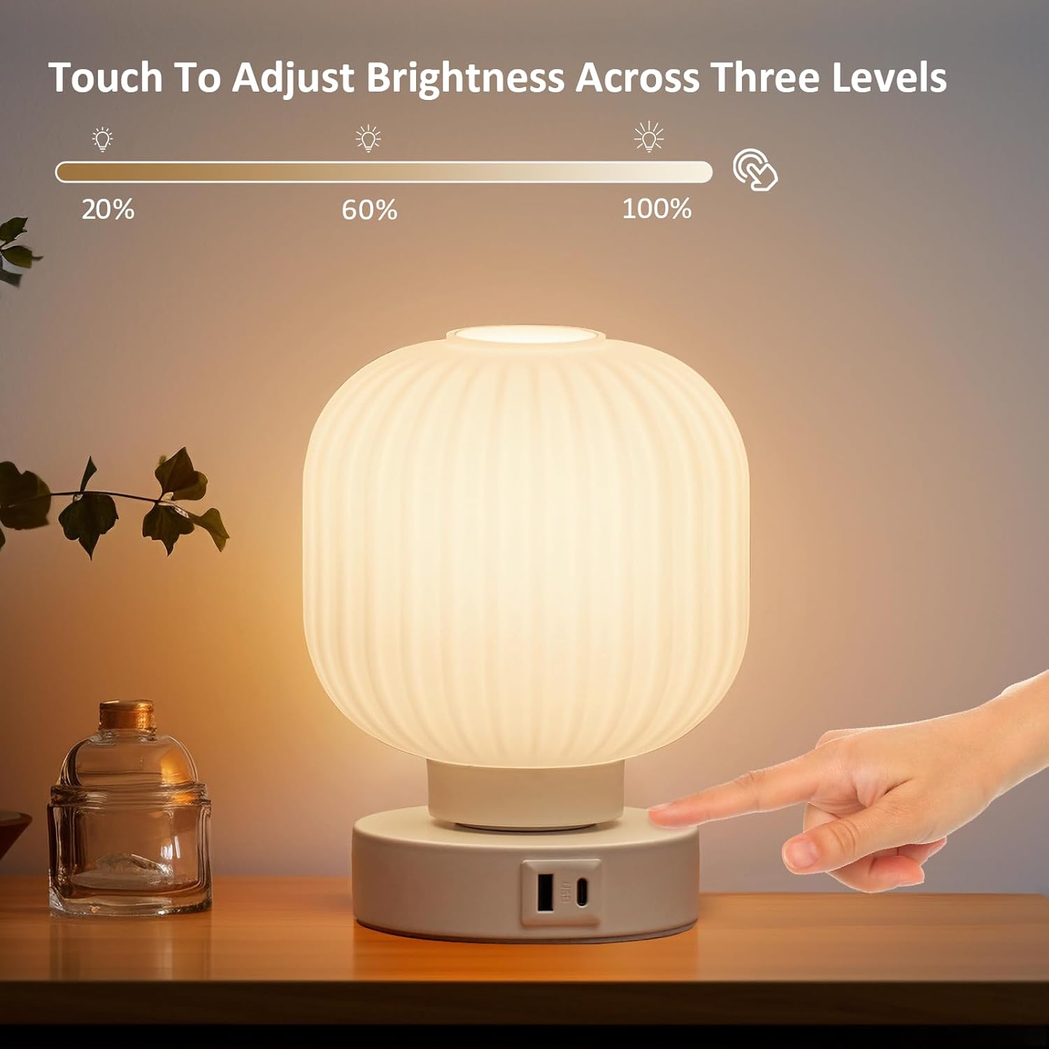 Photo 1 of  Touch Bedside Glass Table Lamp with 3 Way Dimmable Light, Small Table Lamps with USB C+A Charging Ports - Bedroom Nightstand & Living Room Essential, Bulb Included