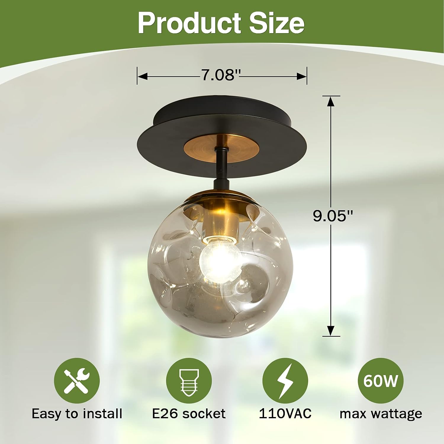 Condition photo showing As Is for szxykeji 1-light mini glass globe ceiling light,modern semi flush mount light fixture,black ceiling light for hallway aisle porch stairway closet. 1 light