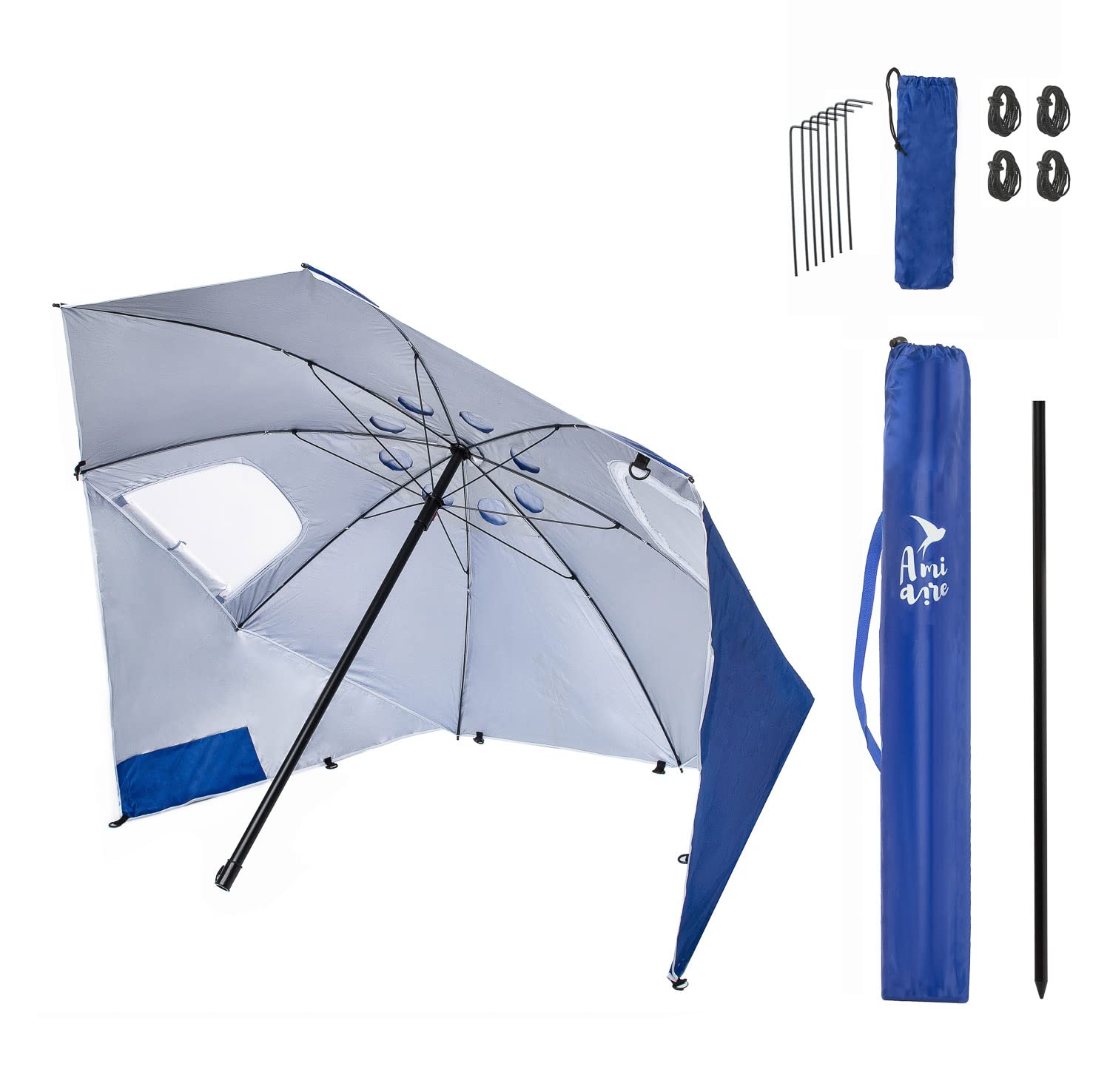 Amiaire Sombrilla de playa - Sombrilla de playa de 180 cm diámetro– 3 Posiciones - Protección UV, antiviento y transpirable de aluminio- Incluye Bolsa de viaje.