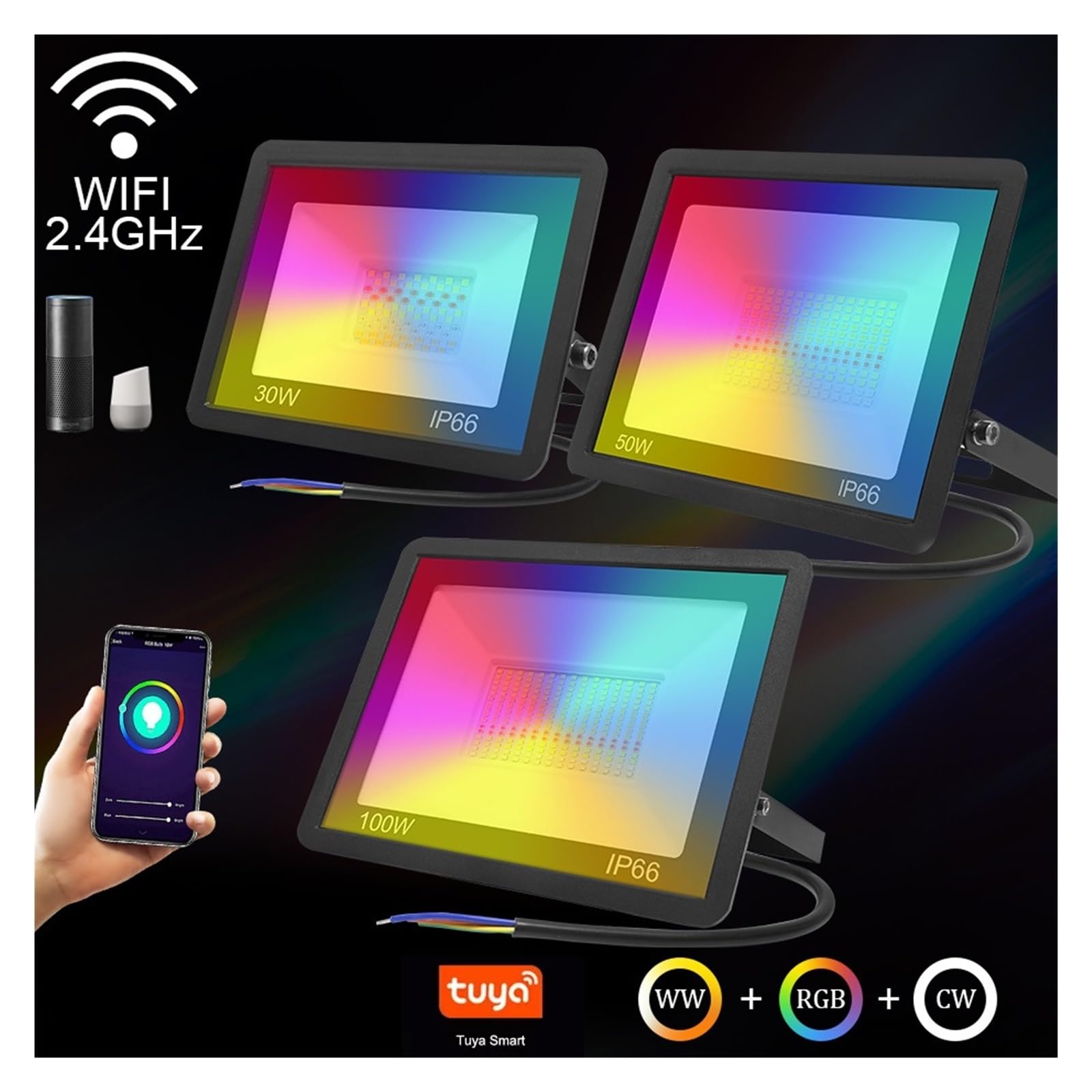 Tuya Smart LED Proiettore Riflettore 30W 50W 100W RGB Dimmerabile Faretto Illuminazione Esterna Funziona Con Alexa Google Home Faretti da Esterno(30W)