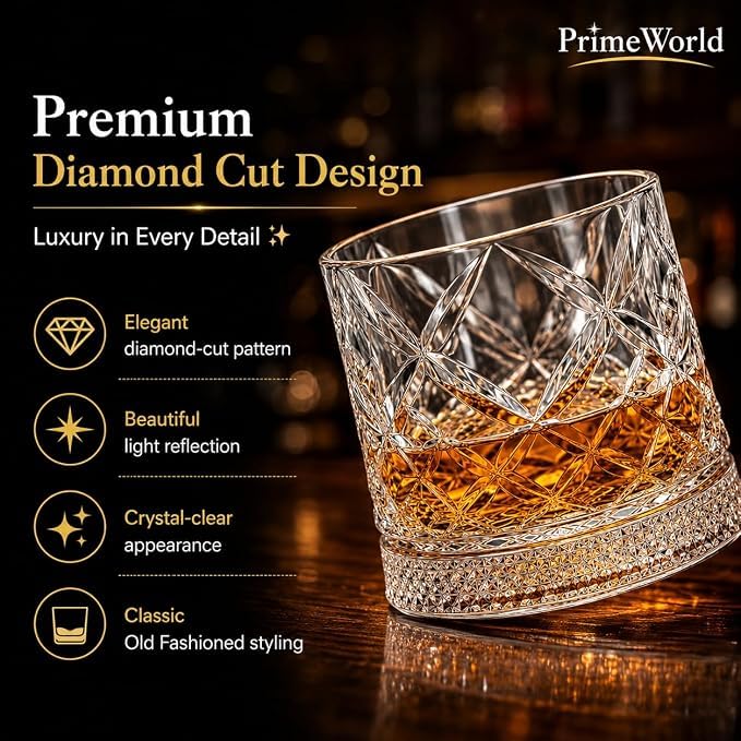Image of PrimeWorld Diamond Cut Rotating Whiskey Glasses - Set of 6 | 300ml 360 Spinning Old Fashioned Tumblers | Premium Crystal Clear Lead-Free Rocks Glasses for Whiskey, Scotch, Bourbon, Brandy, Rum