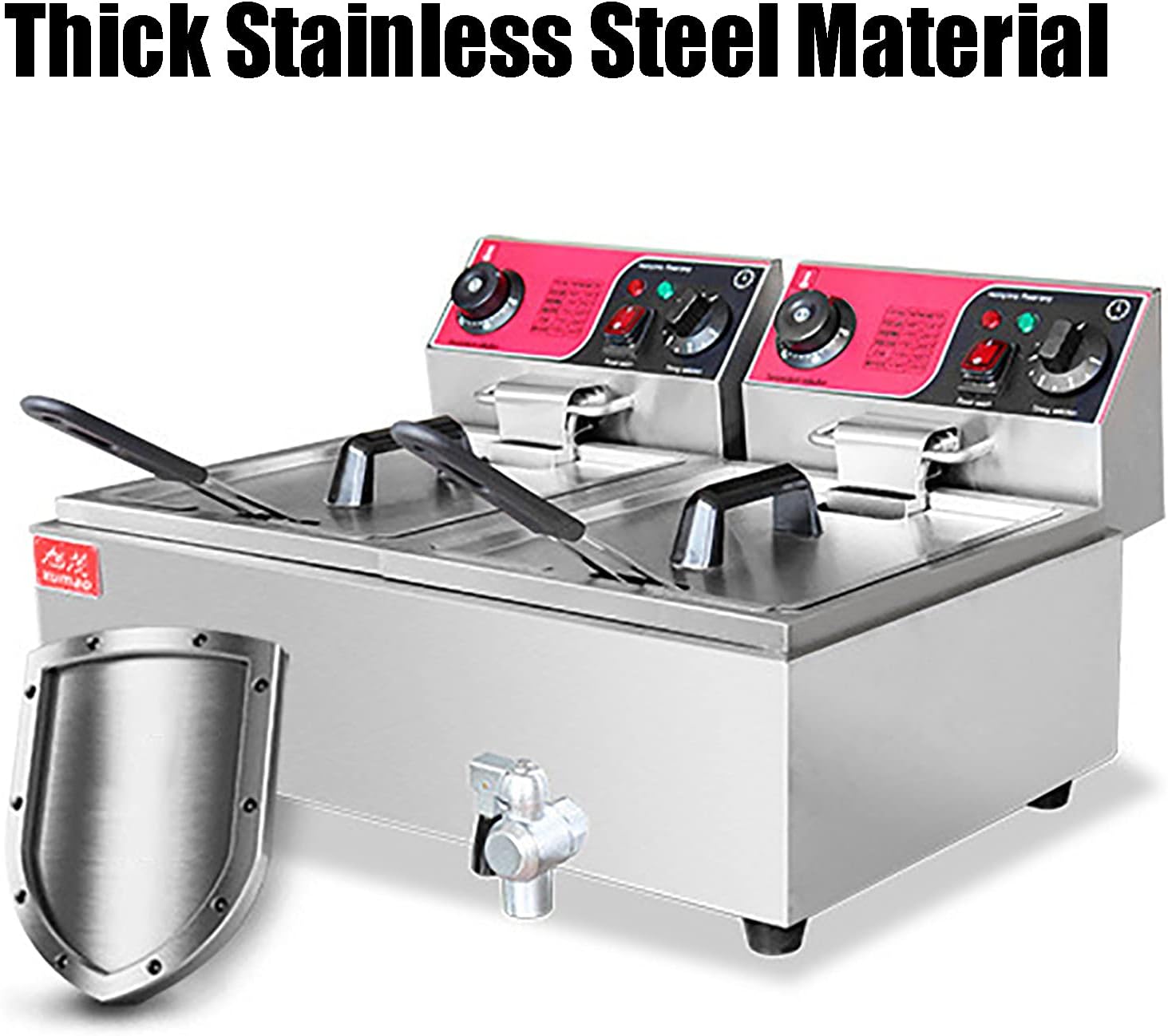 16L Commercial Fryer, Electric Fryer Thickening Stainless Steel Fryer, Adjustable Temperature and Timer, with Lid and Frying Basket, Easy to Clean