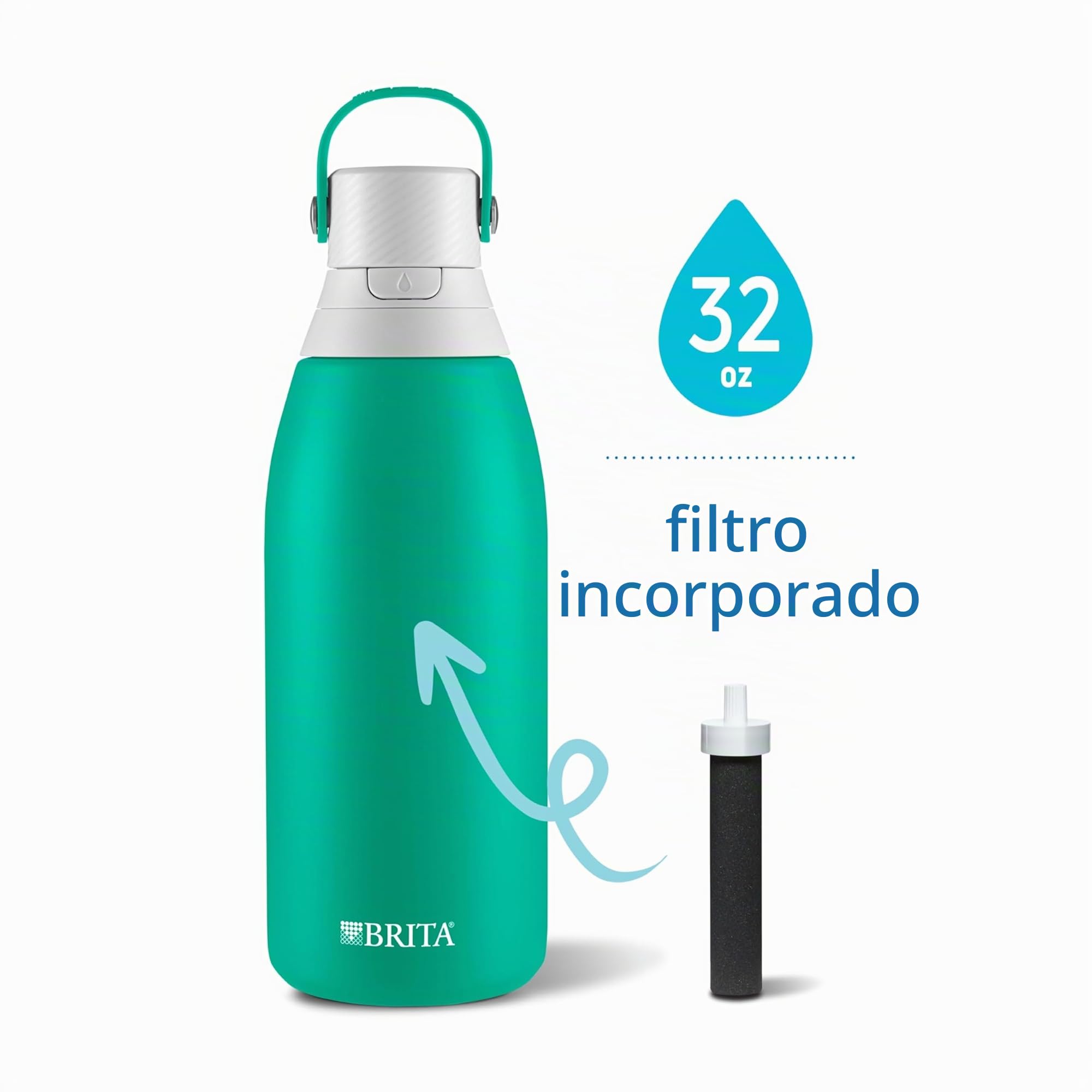 BRITA Botella de agua aislada de acero inoxidable con filtro, 32 onzas