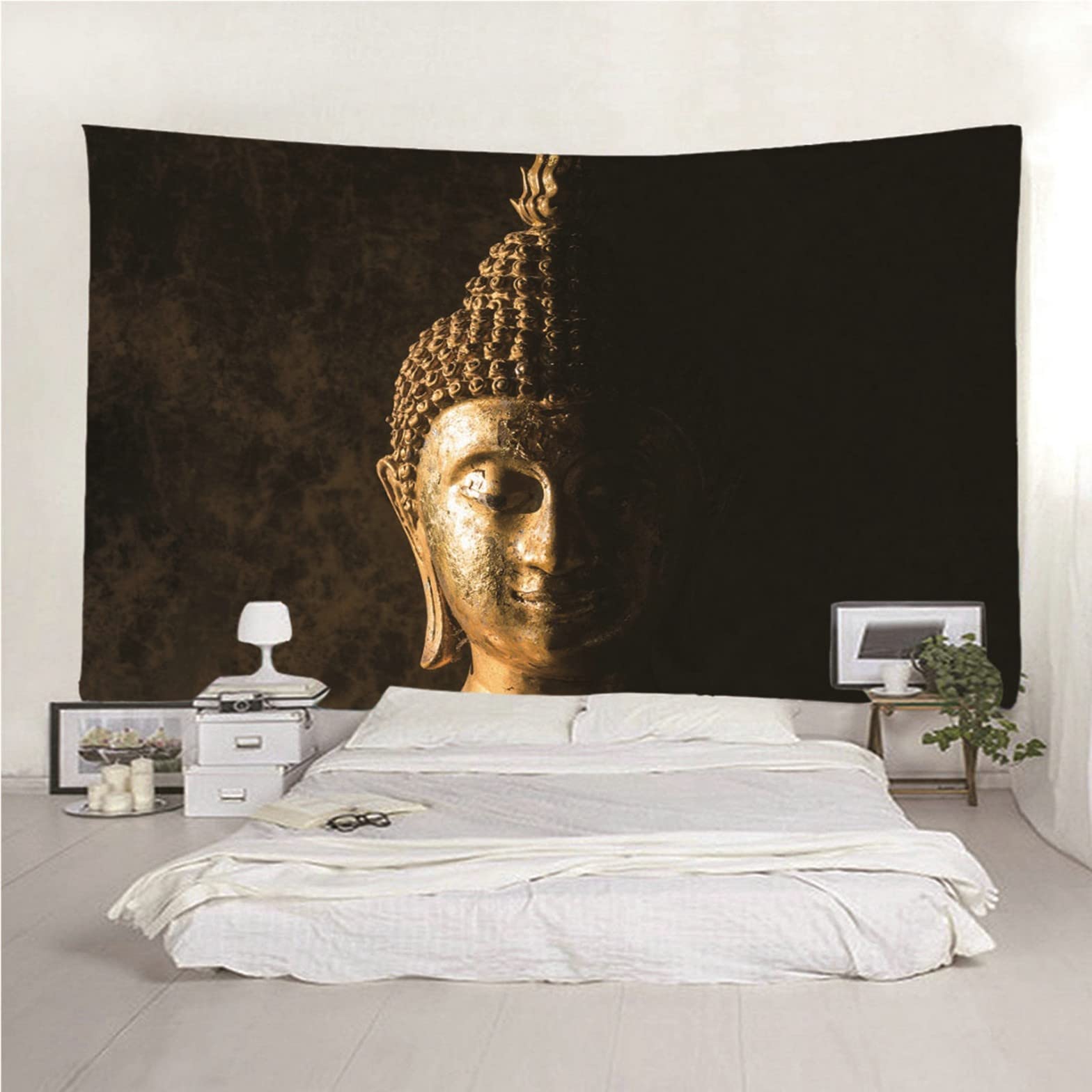 Isdreem Arazzo da Parete Arte Telo Muro Cameretta Testa di Buddha Tema Buddista Letto Copriletto Invernale Nero Tessuto per Coperte Appendere Alla 200x150cm
