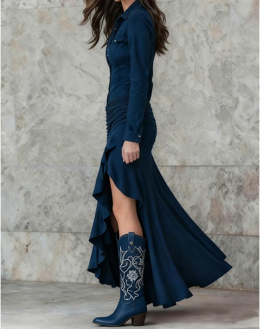 Womens Vintage Western Dresses Button Down V Neck Long Sleeve Maxi Dress Fishtail Hem Boho Suede Dress for Women - Image 3