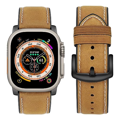 Tasikar Straps Compatible with Apple Watch Strap 49mm 45mm 44mm 42mm, Genuine Leather Silicone Replacement Band Compatible for Apple Watch Ultra Series 9 8 7 6 5 4 3 2 SE - 42mm 44mm 45mm/Brown