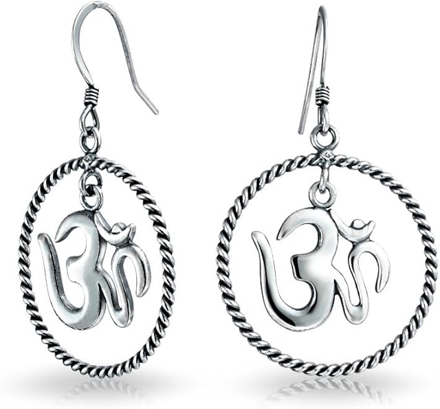 Spiritual Amulet Hindu Meditation Yogi Symbol Round Disc Drop Aum Om Ohm Sanskrit Earrings For Women Teen Oxidized .925 Sterling Silver Fish Hook Wire