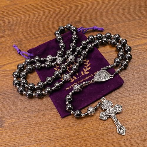 Image of Nazareth Store Hematite Rosary Black Stone Beads Necklace Metal Beaded Silver-Plated Medal & Cross for Men NS
