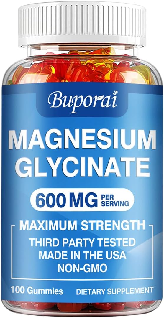 Magnesium Glycinaat 600mg (100 Gummies) Spiergezondheid, Slaapondersteuning Verlichting Stress & Angst