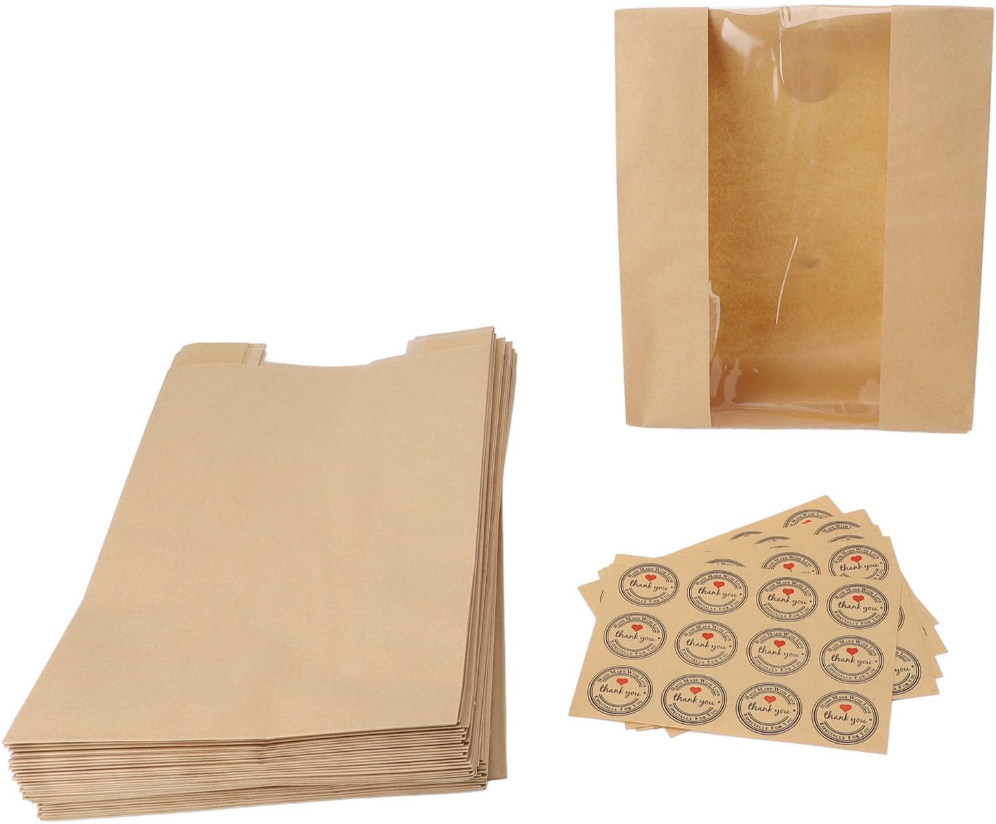 Torby na Chleb, 50 Sztuk Torebek Piekarniczych z Papieru Pakowego z Przezroczystym Okienkiem i 60 Etykietami do Zapieczętowania, do Przechowywania Domowego Chleba Opakowania na (YELLOW)