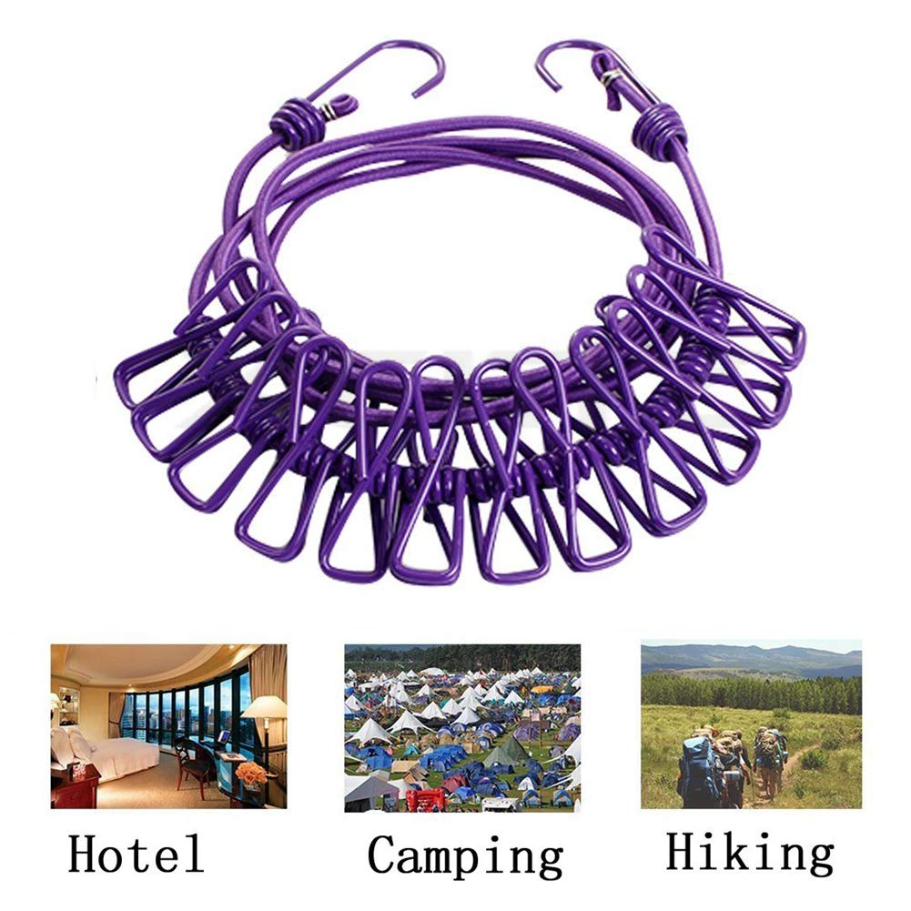 Stendibiancheria Portatile Con 12 Mollette - Filo Elastico Retrattile 3,7 M Per Viaggi, Hotel, Balcone E Campeggio (Viola)
