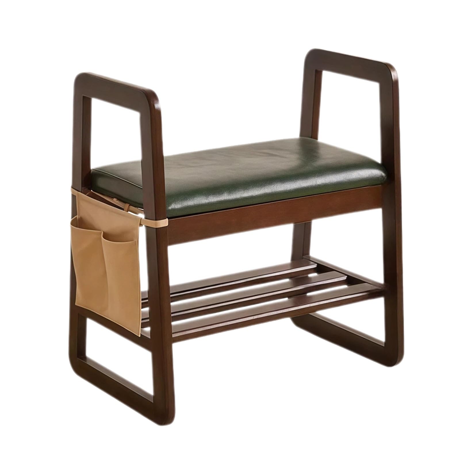 Banc à chaussures avec accoudoirs et siège rembourré aspect bois pour couloir