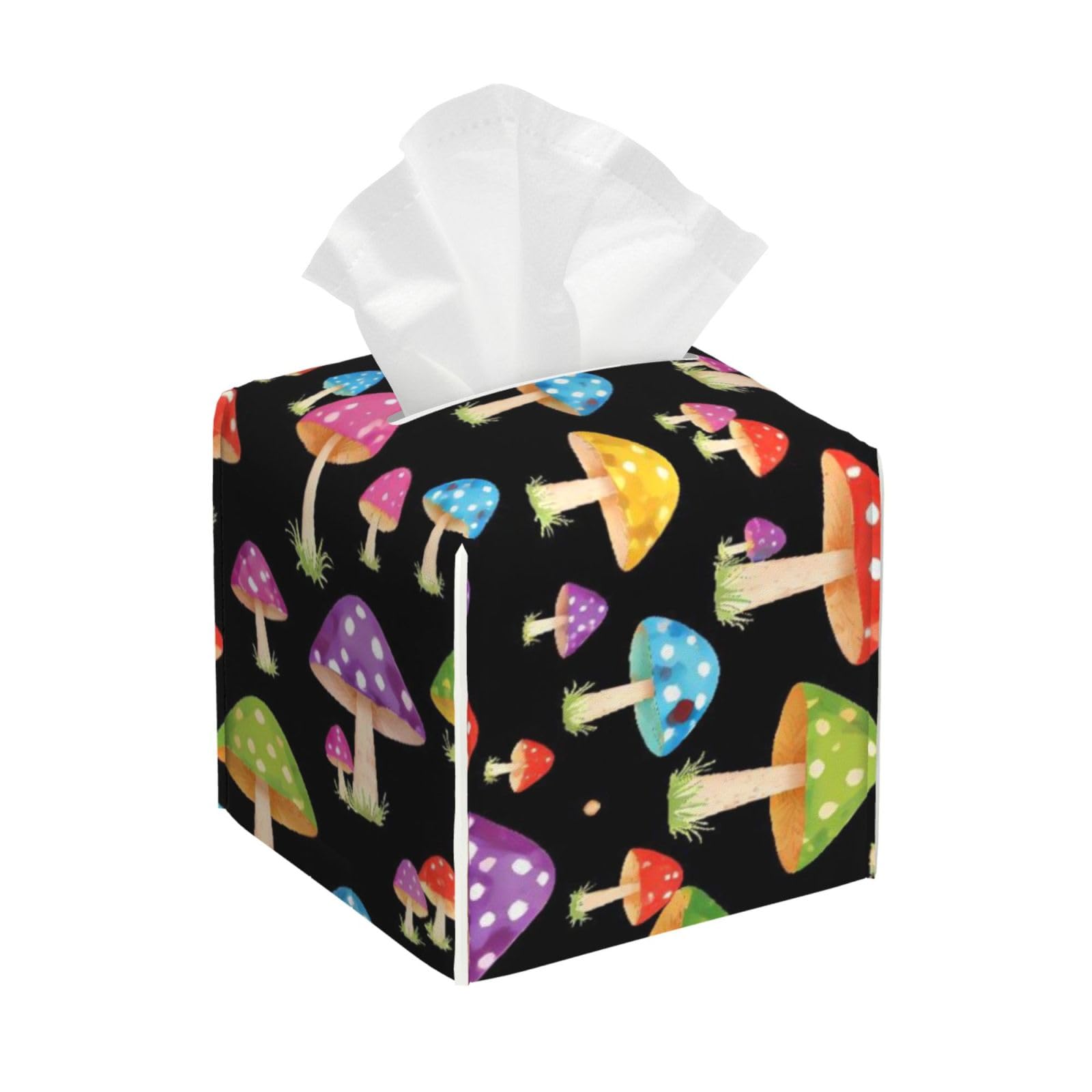 Colorful Mushroom Leather Tissue Box Cover Holder Square Facial Paper Organizer 5.2" X 5.2" X 5.2"