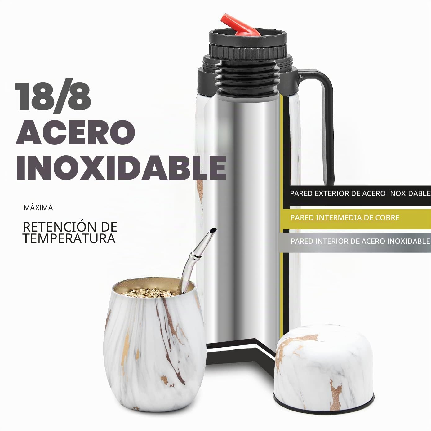 BALIBETOV 1000 ml Kit de Mate – Calabaza Mate Moderna, Termo, Contenedor para Yerba Mate, Bombilla & Cepillo de Limpieza – Doble Pared al Vacío – Tapa Sin BPA – A Prueba de Fugas y Fácil de Mantener