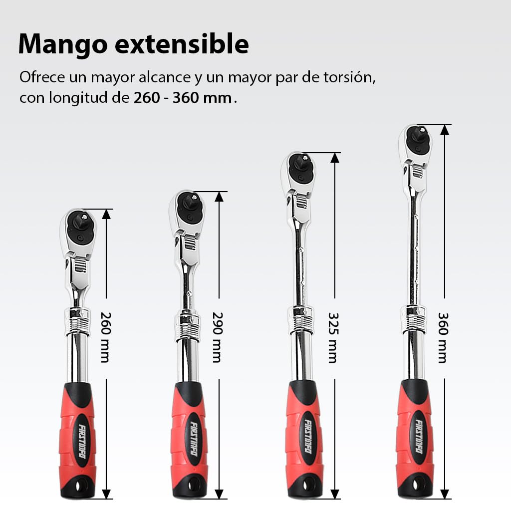 FIRSTINFO F3222NC | 3/8" Flexible extensible carraca reversible | 72 dientes | Extensible 260-360mm